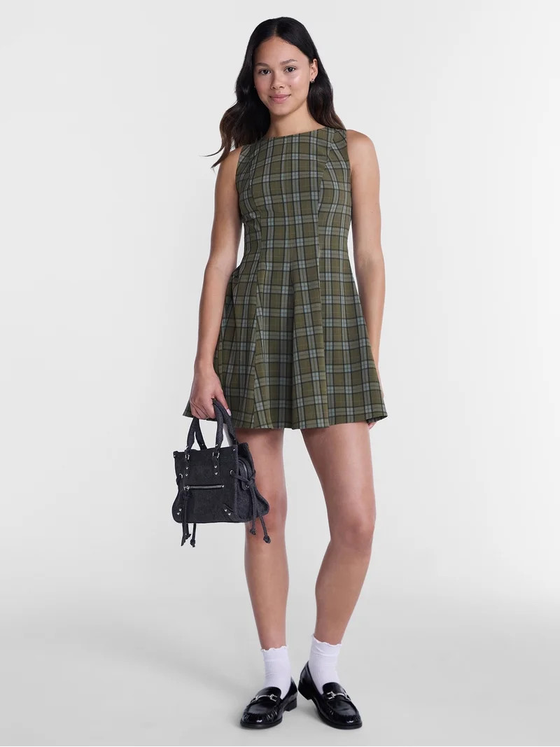 No Boundaries Fit and Flare Plaid Mini Dress, Women\u2019s XXS-XXL | Walmart (US)