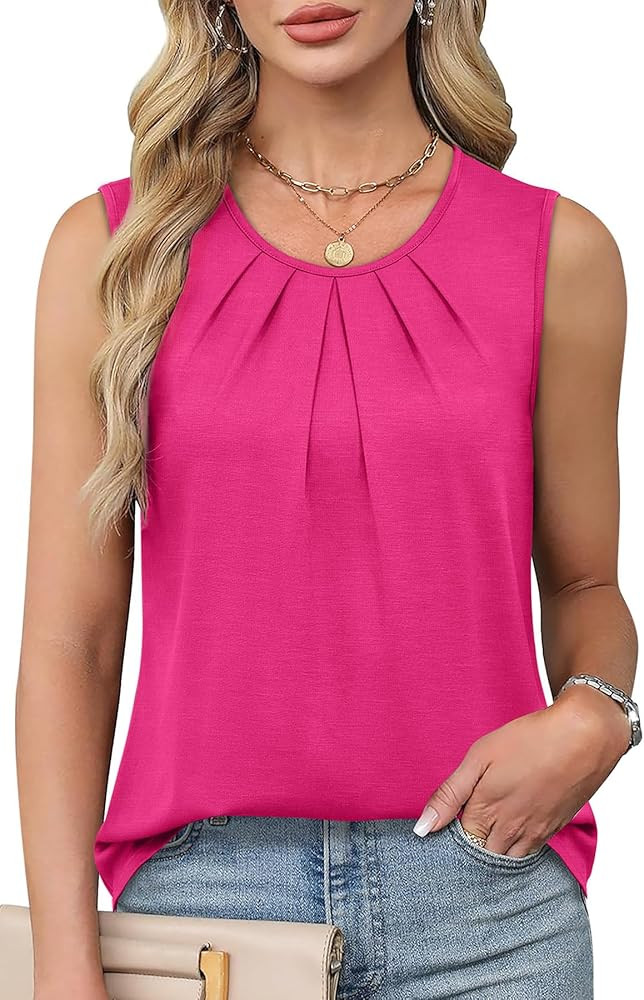 WIHOLL Flowy Tops for Women Business Casual Outfits Pleated Front Tank Tops Loose Fit | Amazon (US)