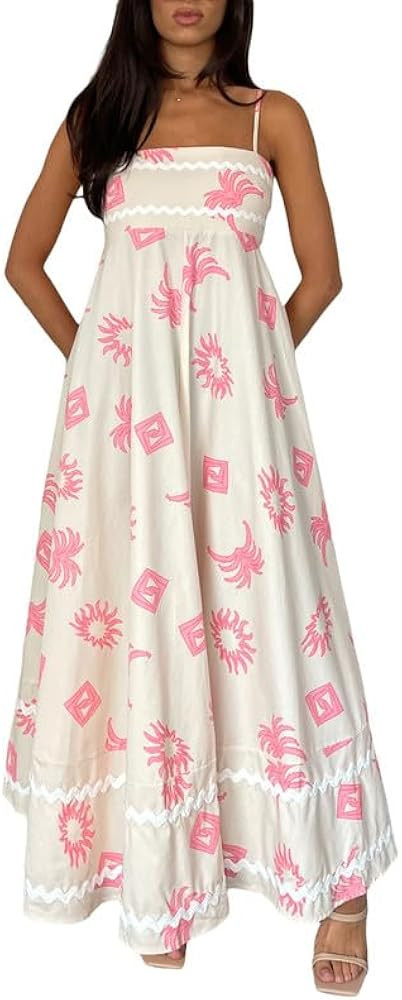 NUFIWI Women Boho Graffiti Cami Long Dress Graphic Spaghetti Strap Flowy Swing Maxi Dress Square ... | Amazon (US)
