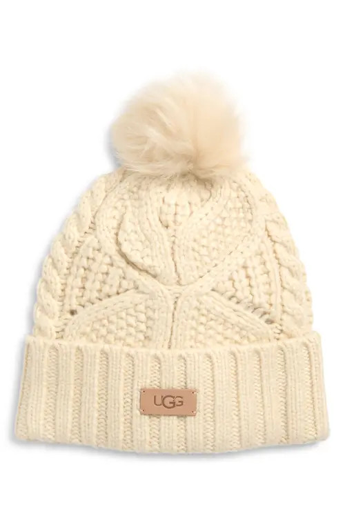 UGG(r) Faux Fur Pompom Cable Knit Beanie in Cream at Nordstrom | Nordstrom