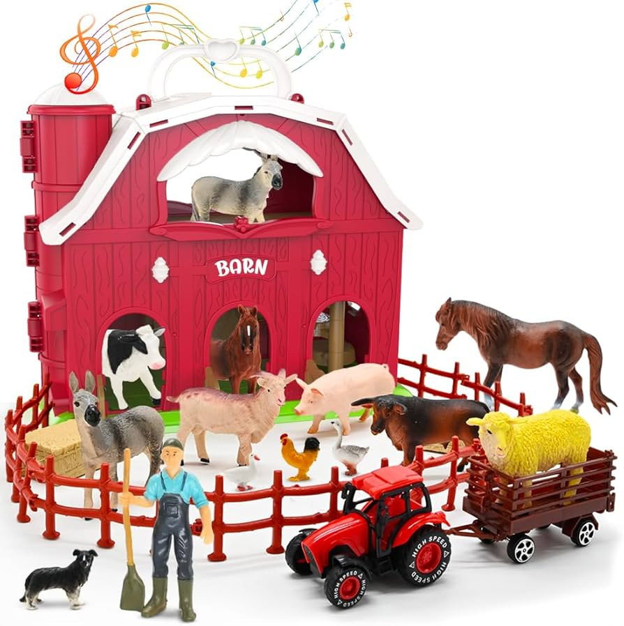 Big Red Barn Toys for Toddlers 1-3, Farm Animal Figures Playset with Tractor for 2 3 4 5 Year Old... | Amazon (US)