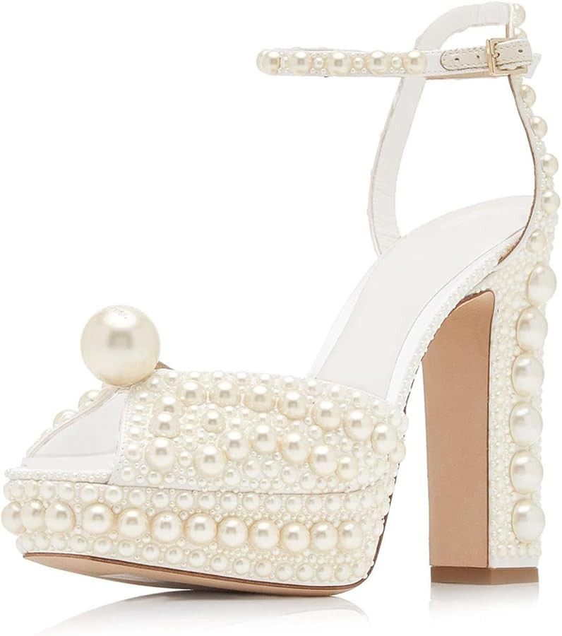 Goolita Womens Open Toe Pearl Platform Heels For Women Chunky Buckle Ankle Strap Wedding Heeled S... | Amazon (US)