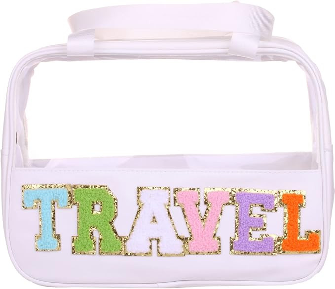 CRUOXIBB Chenille Letter Patch Clear PVC And PU leather Large Travel Makeup Toiletry Storage Bag ... | Amazon (US)