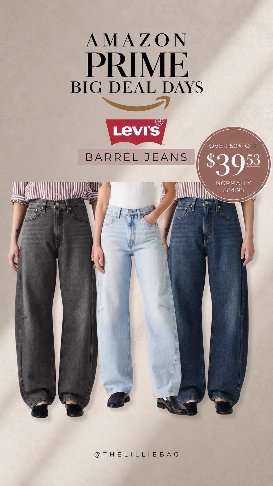 LEVI’S FOR UNDER $40?! 👖🔥 These barrel jeans are OVER 50% OFF for Prime Day!! Such an easy way to try the barrel denim trend without spending a ton — and multiple washes are included 🙌🏼
