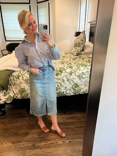 Denim midi skirt outfit idea. I’m 5’1” so it is longer in me. Great for spring and summer. This button down blouse can be dressed up or down. Could be a cute swimsuit coverup too. Shirt is an extra 15% off today. 




#LTKover40 #LTKworkwear #LTKstyletip