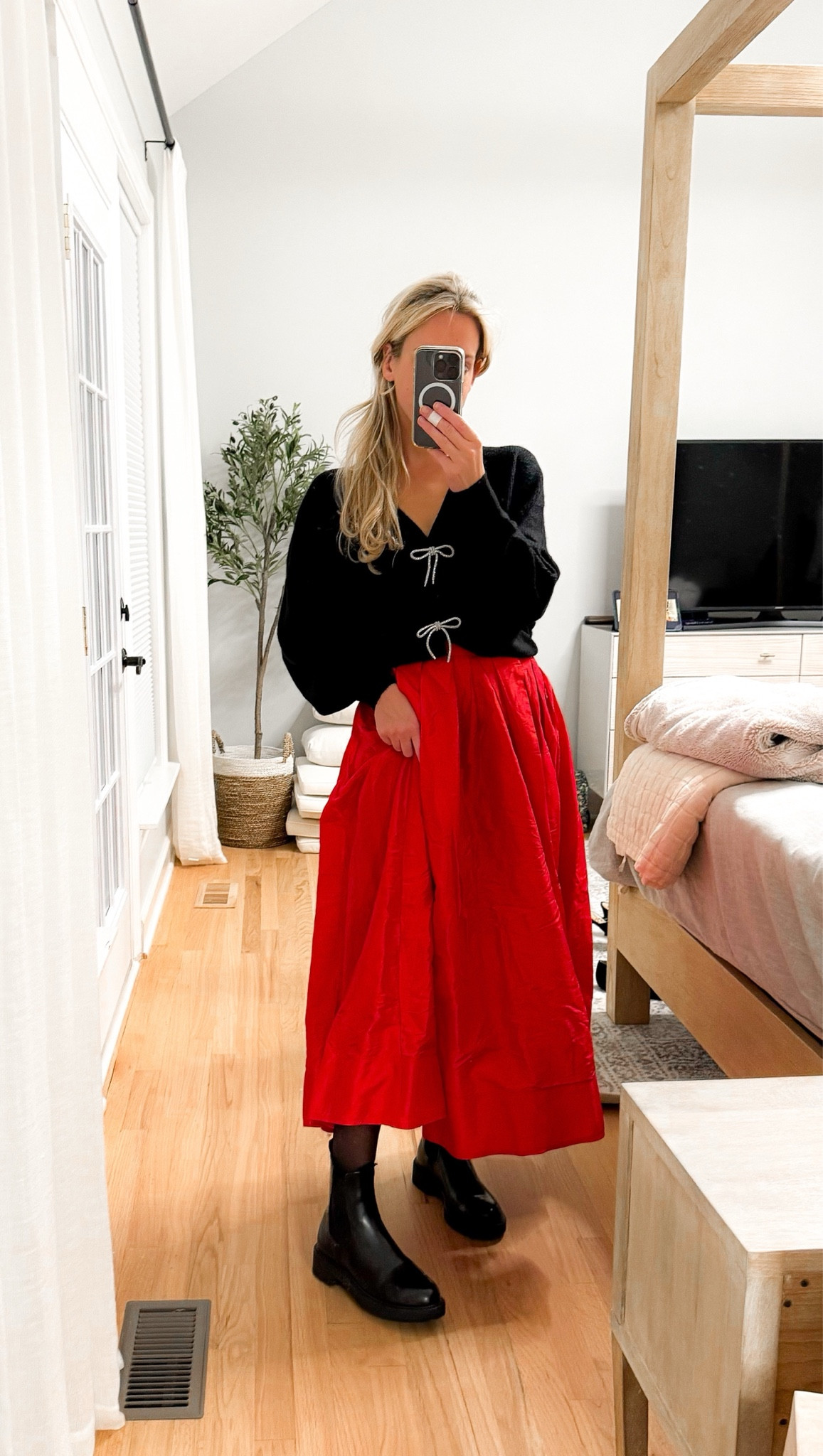 Christmas clothes holiday outfit Thanksgiving outfit family photo outfit red maxi skirt red midi skirt holiday sweater christmas sweater bow sweater black boots 

 

#LTKCyberWeek #LTKHoliday #LTKFindsUnder100