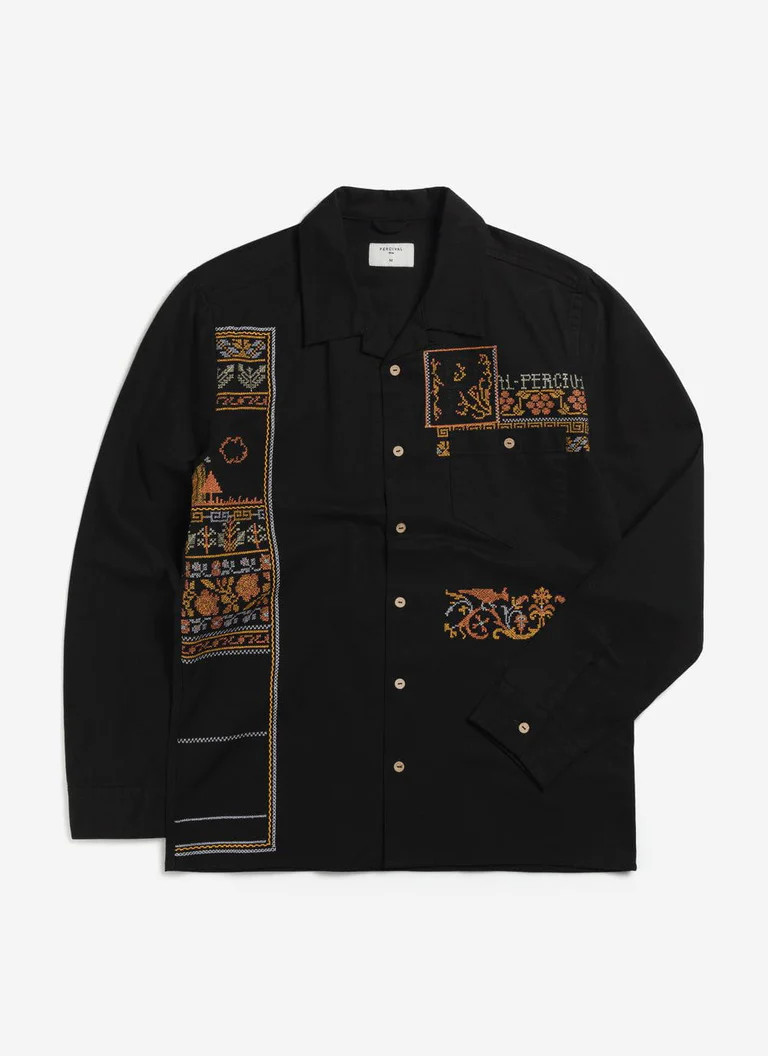 Fairy Tale Tapestry Long Sleeve Cuban Shirt | Black | Percival Menswear