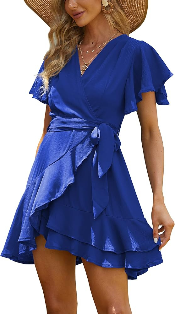 Albe Rita Women Deep V Neck Short Sleeve Ruffle Tie Waist Casual Loose Mini Dresses | Amazon (US)