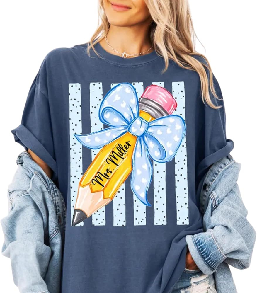 Custom Name Pencil Shirt, Personalized Teacher T-Shirt, Coquette Bow Back to School Tee, Cute Cus... | Amazon (US)