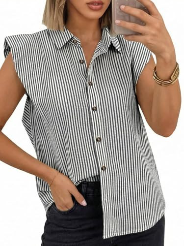 Tankaneo Womens Cap Sleeve Button Down Shirt Summer Striped Collared Tops Loose Casual Dressy Blo... | Amazon (US)