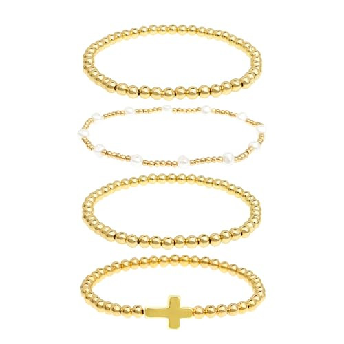 Gold Beaded Bow Heart Paperclip Pearl Stack Bracelet Set for Women, 4Pcs Handmade Golden Beads Pe... | Amazon (US)