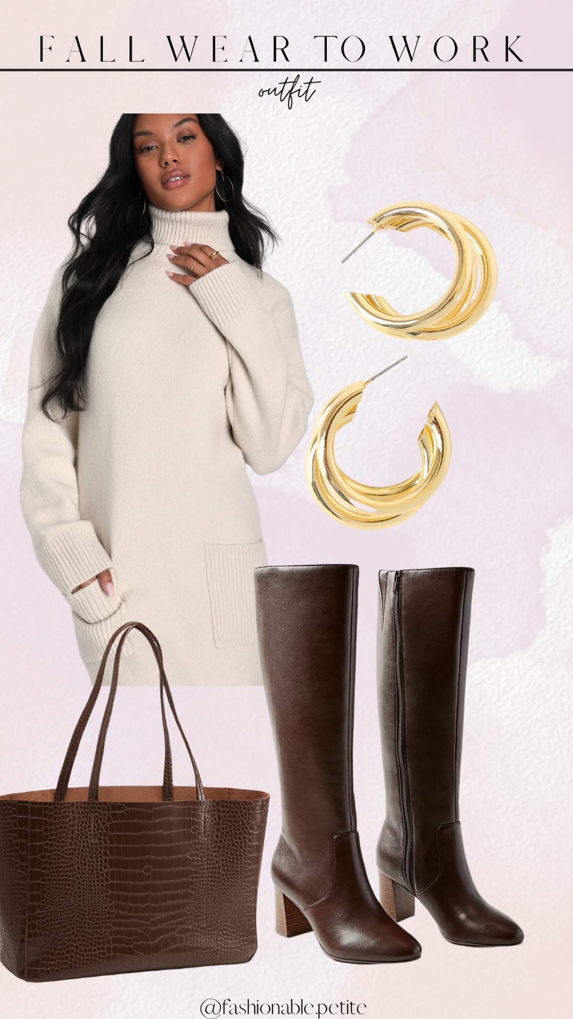 Wear to work outfit for fall! Fall outfits. Sweater dress. Fall boots. Fall outfit. Work outfit. Fall workwear. Knee high boots. 