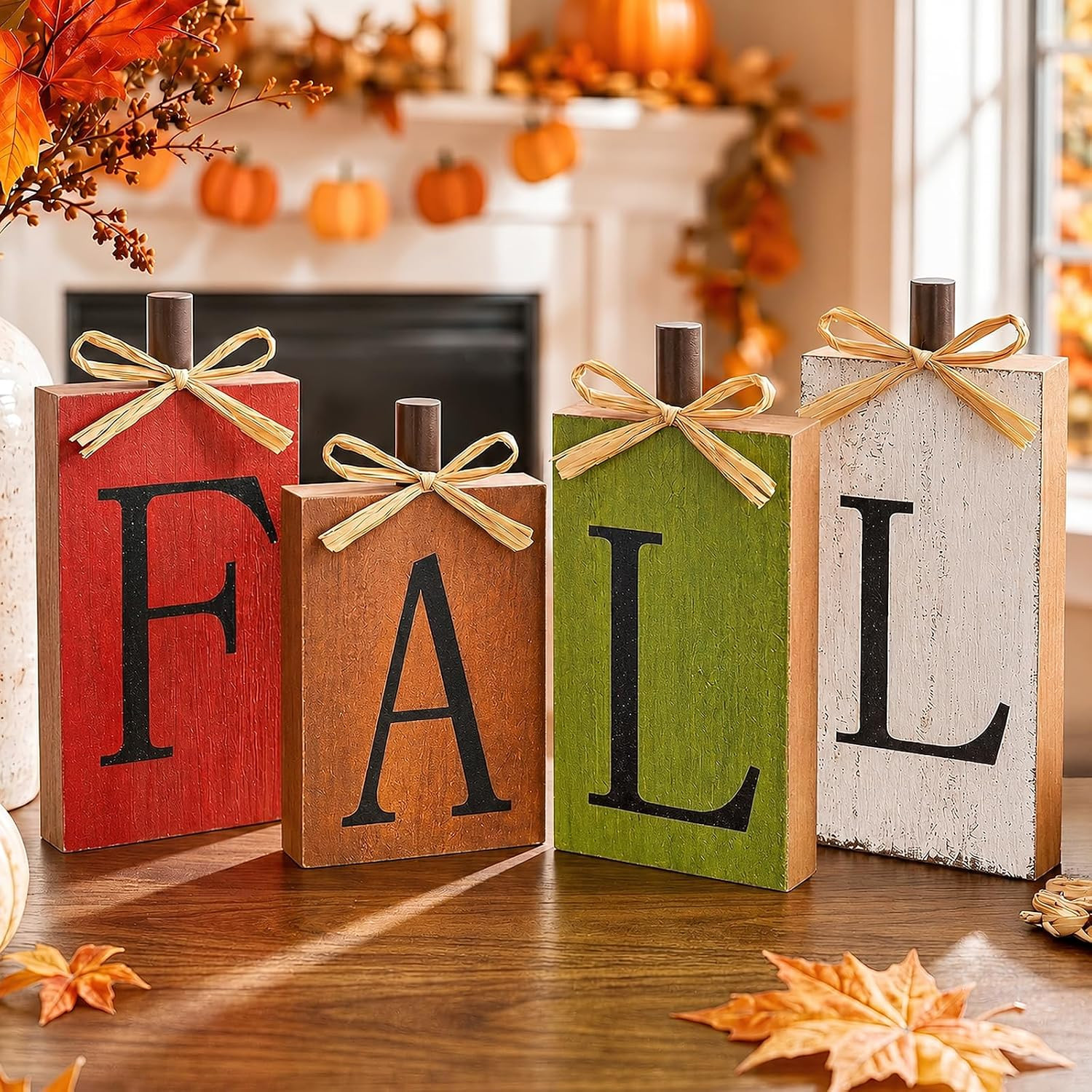 OLANRUN Fall Decorations for Home, Fall Thanksgiving Table Decor 4-PCS Vintage Wooden, Autumn Thanksgiving Decorations for Table Indoor Home Office Farmhouse Kitchen Room Bedroom Mantel Tiered Tray | Amazon (US)