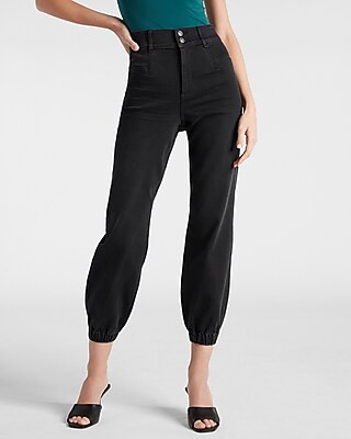 Super High Waisted Black Supersoft Knit Jogger Jeans | Express