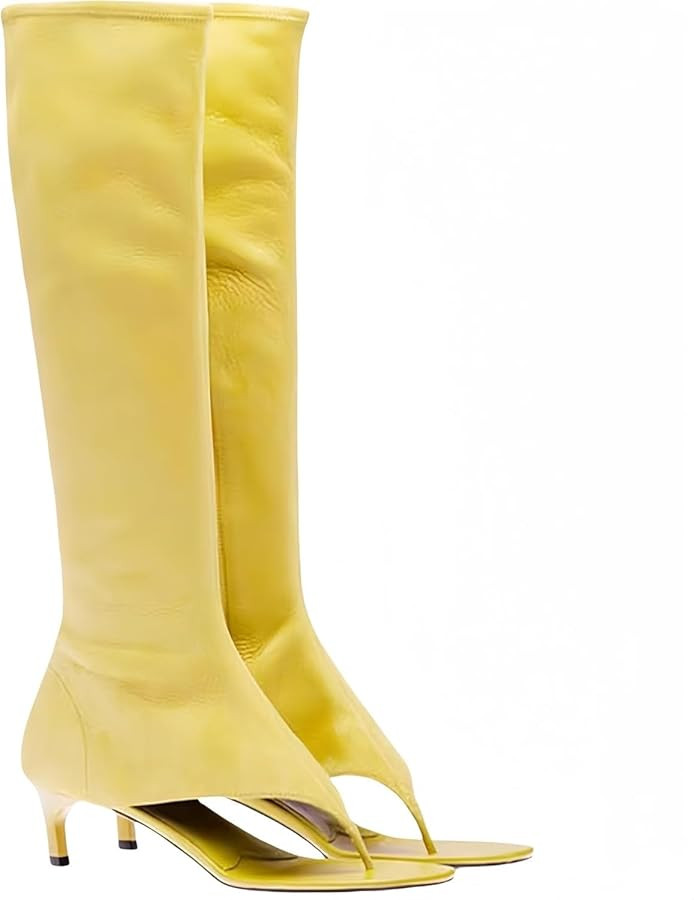 Womens Open Toe Thong Knee High Boots with Zipper Stretch Fabric and Kitten Low Heel Tall Sandal ... | Amazon (US)