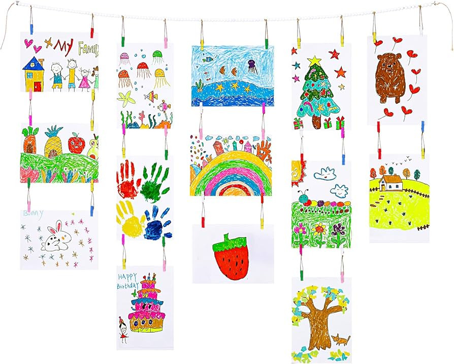KLOGTSIND Kids Art Display Wall Decor, Wooden Beads Garland Frame Holder with 34 Clips for kids a... | Amazon (US)