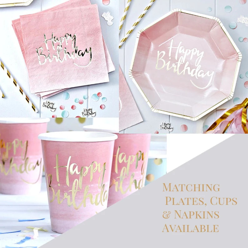 Pink and Gold Paper Plates Napkins Cups  Happy Birthday | Etsy | Etsy (US)