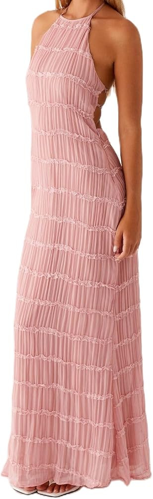 Women Backless Maxi Beach Dress Spaghetti Strap Halter Smocked Long Dress Flowy Vacation Sundress | Amazon (US)