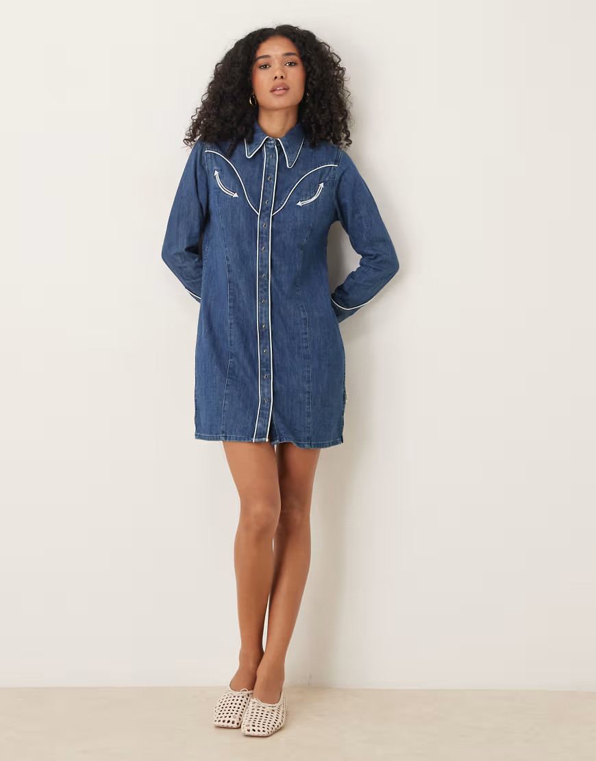 Wrangler western piped denim shirt dress in mid blue | ASOS (Global)