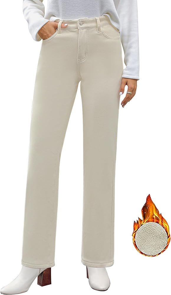 GRAPENT Jeans for Women Fleece Lined Pants High Waisted Stretchy Denim Straight Leg Baggy Jeans S... | Amazon (US)