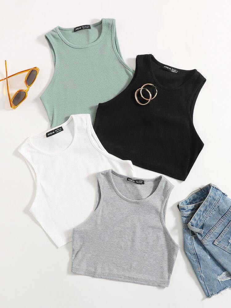 4pcs Rib-knit Crop Tank Top | SHEIN
