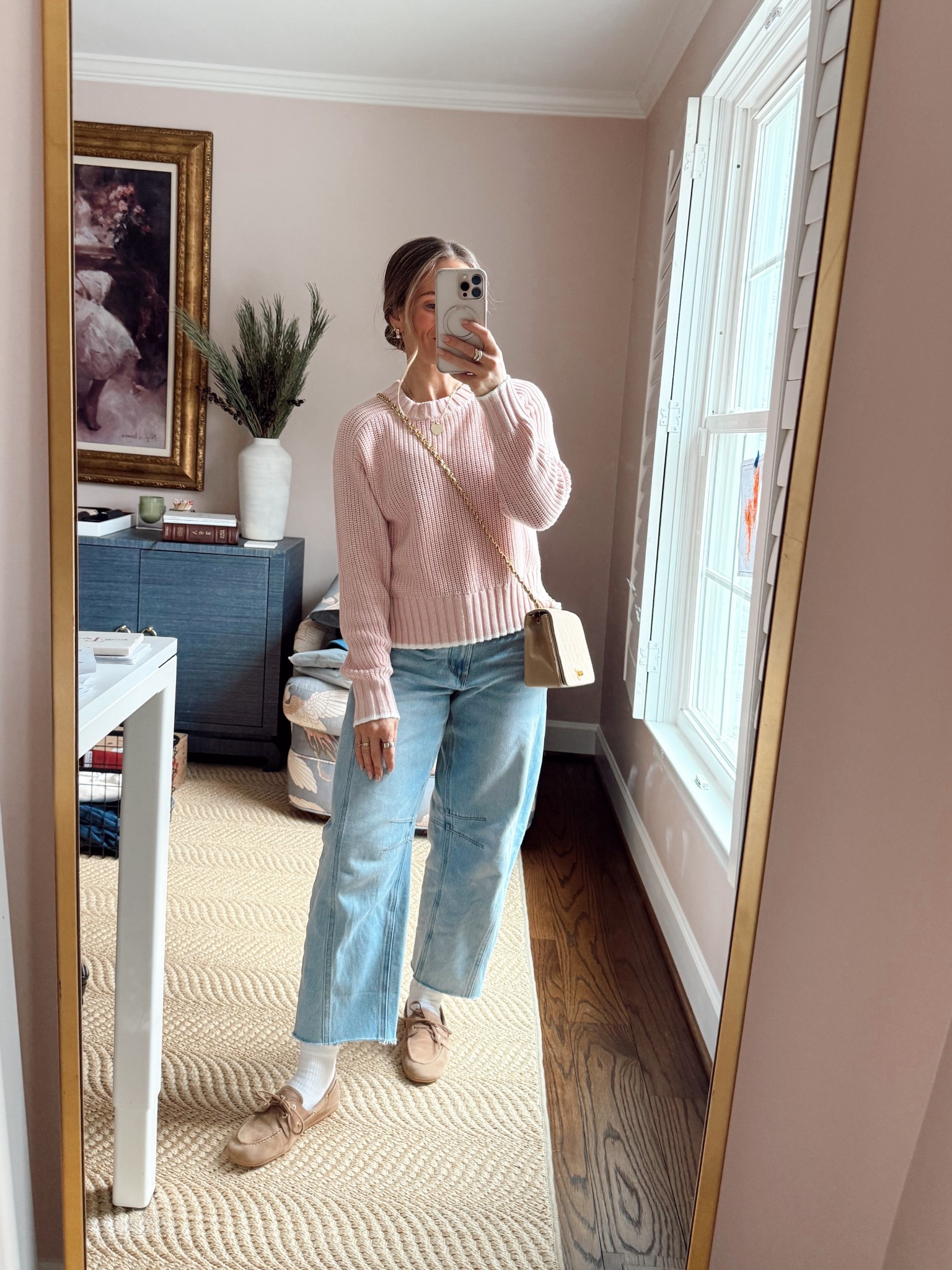 Loft horseshoe jeans - 25 petite, TTS
boat shoes TTS 
Pink sweater is old so I linked similar
Chanel is vintage 

#LTKootd #LTKOver40 #LTKPetite