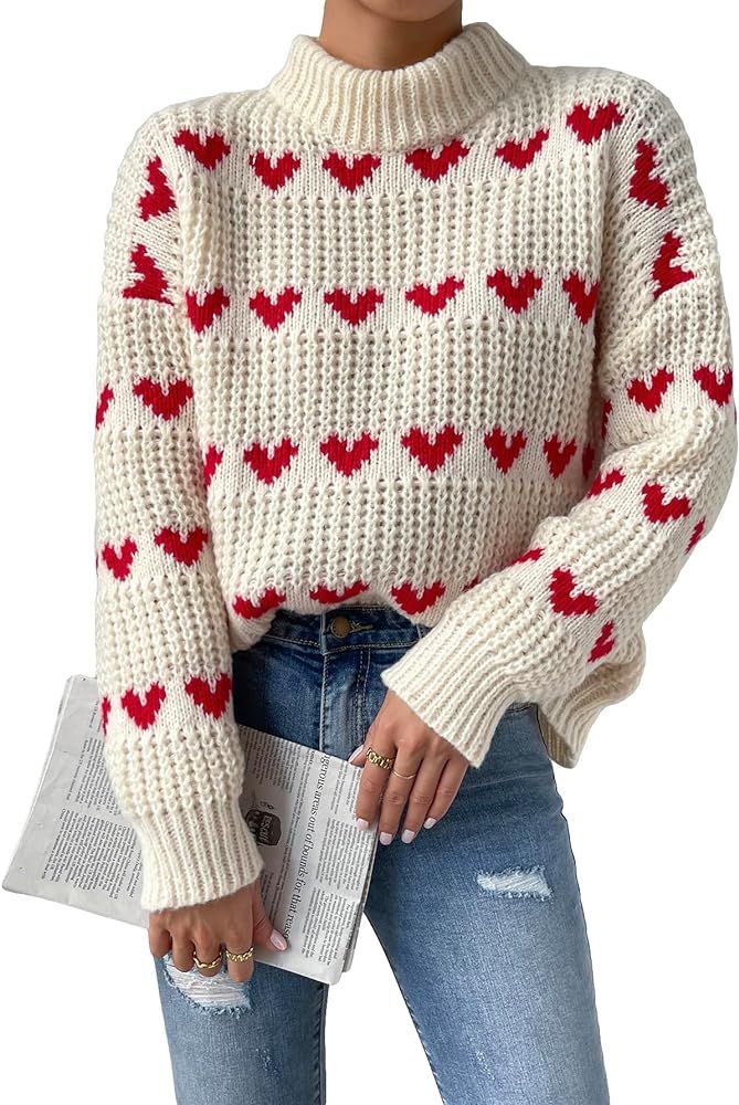 Floerns Women's Winter Heart Drop Shoulder Long Sleeve Casual Sweater Pullover | Amazon (US)