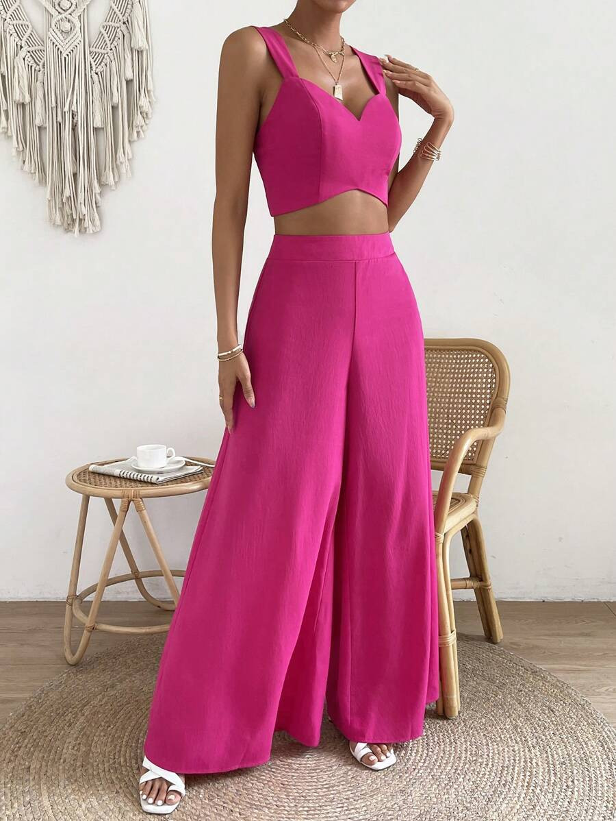 SHEIN Privé Solid Crop Cami Top & Wide Leg Pants | SHEIN
