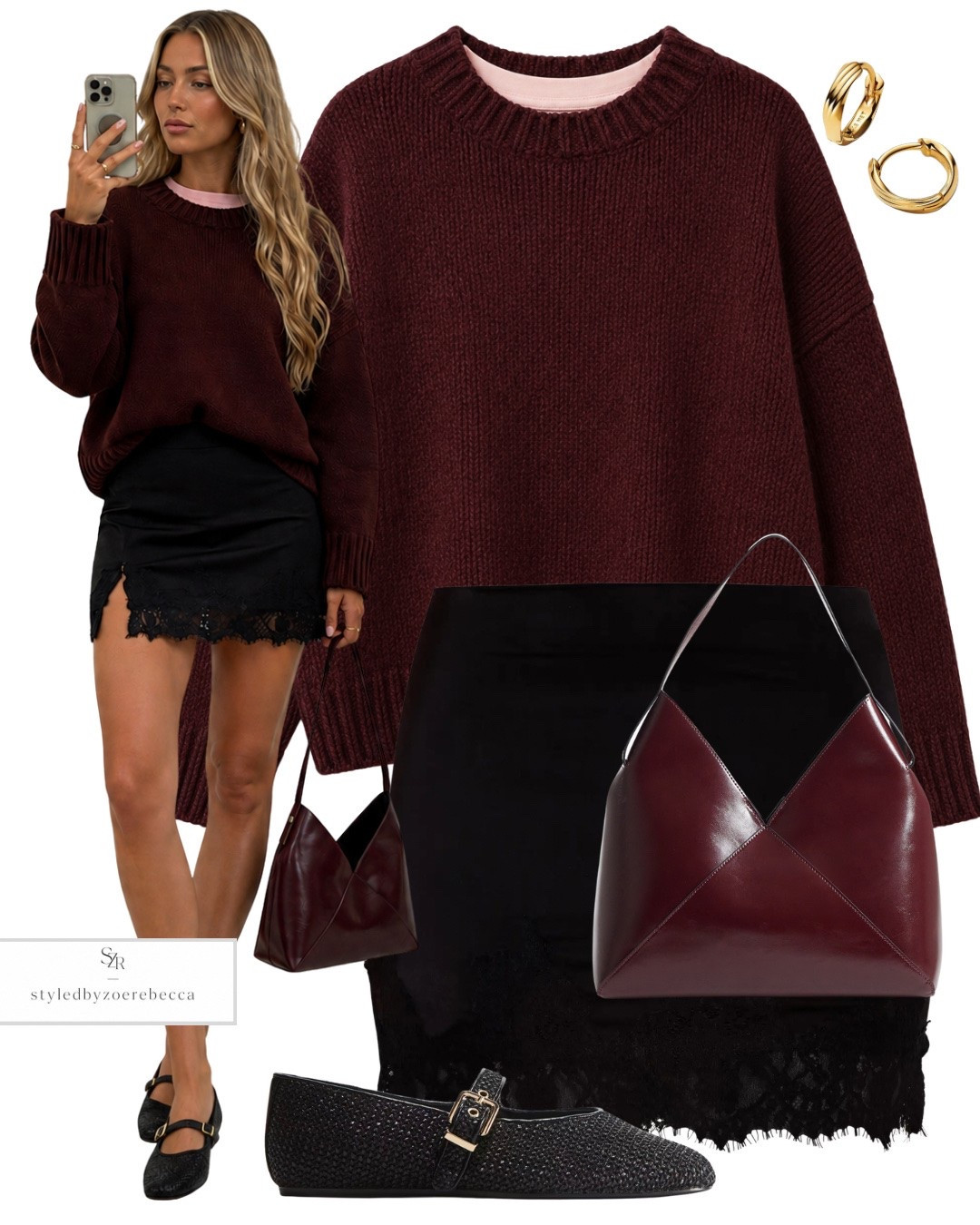 Burgundy and black autumn outfit 🍷 Styling a deep burgundy knit with a black lace satin mini skirt, woven ballet flats and a matching burgundy bag for an easy feminine autumn look. Perfect for transitional dressing🍂.

#AutumnOutfitIdeas #BurgundyOutfit #AutumnStyle #SatinSkirt #TransitionalOutfits

#LTKuk #LTKautumn #LTKstyletip