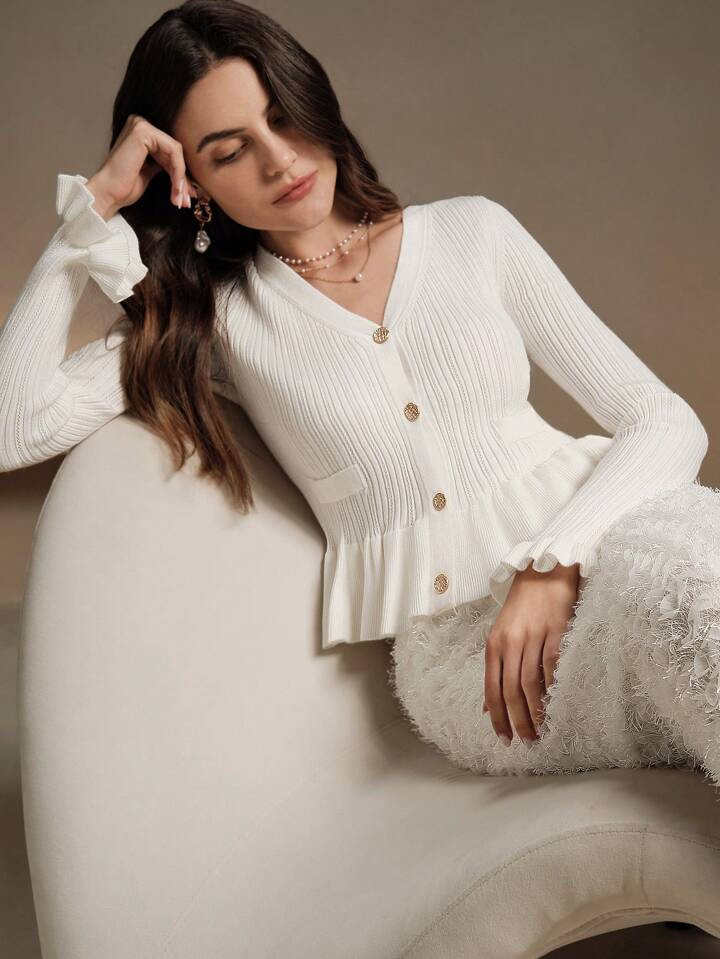 Anewsta Women's Elegant Ruffle Trim Cardigan, Spring Autumn | SHEIN