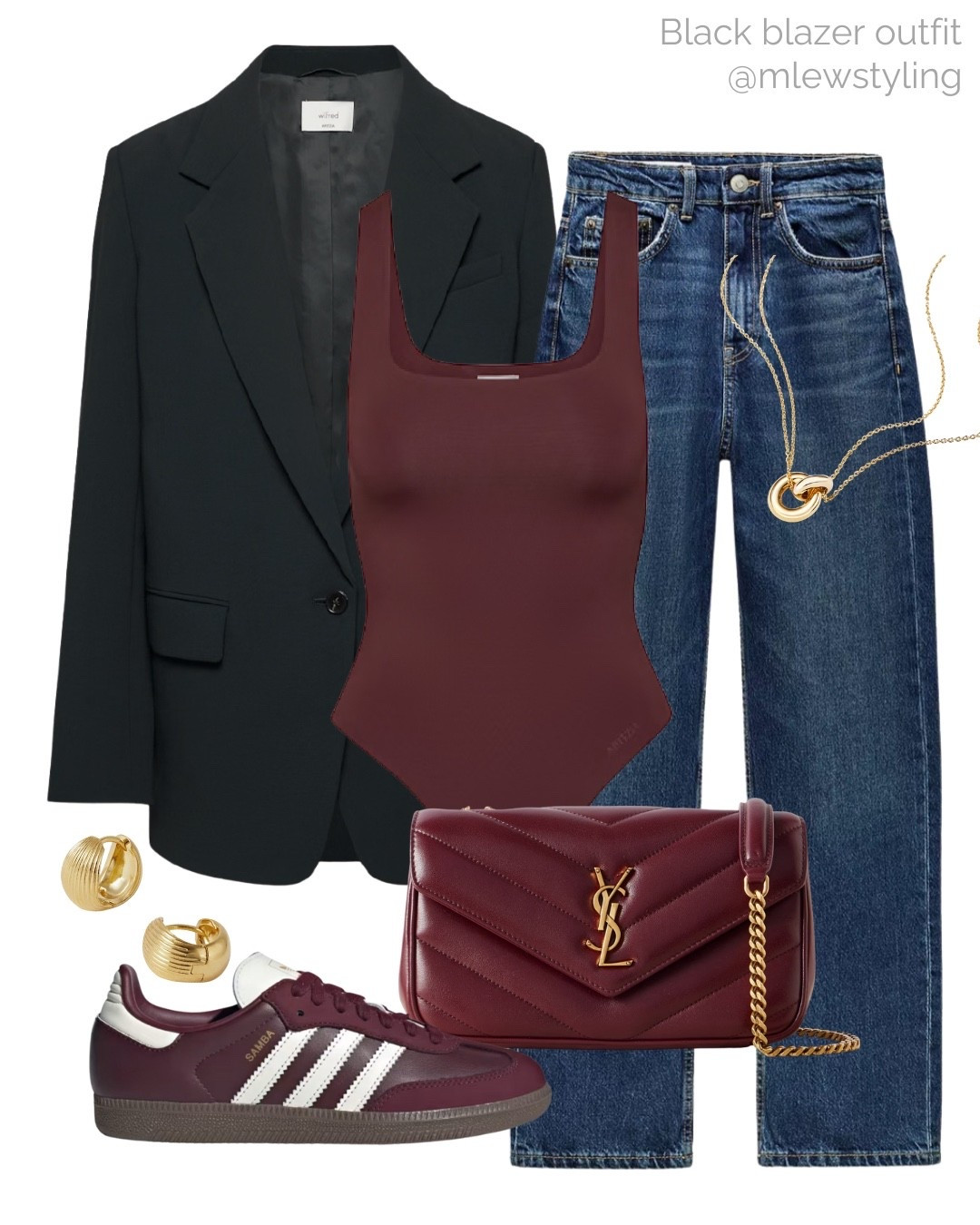 Black blazer outfit with burgundy 🖤
Tags: aritzia bodysuit, Zara mom jeans, adidas sambas, ysl quilted bag, fall outfit, autumn fashion m, casual workwear, office look 

#LTKShoeCrush #LTKWorkwear #LTKItBag