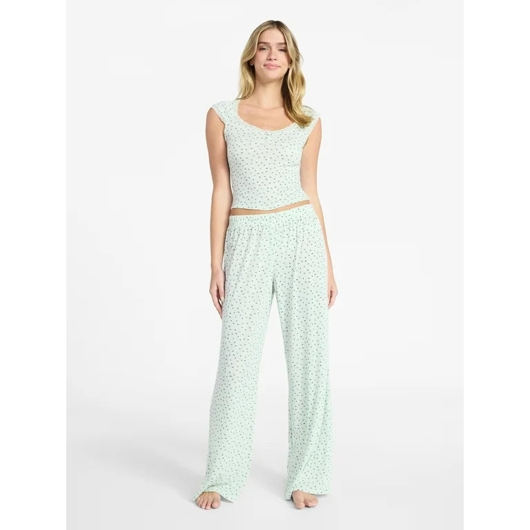 No Boundaries Sleep Pointelle Baby Tee and Pants Set, 2-Piece, Women’s XXS-3X | Walmart (US)
