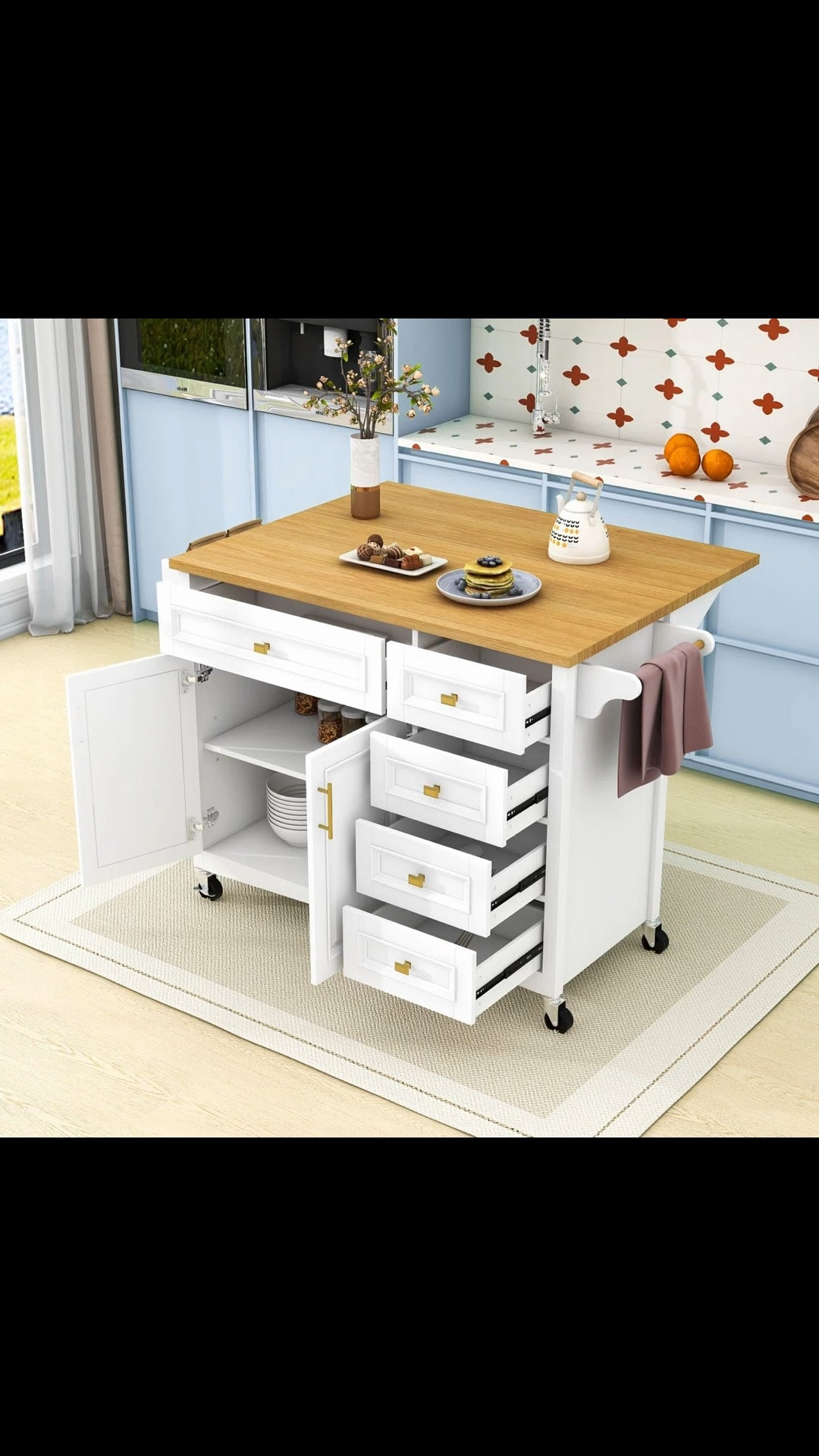 Kitchen Island with Drop Leaf, Embossed Texture Kitchen Island on Wheels with 2 Doors and 5 Drawers