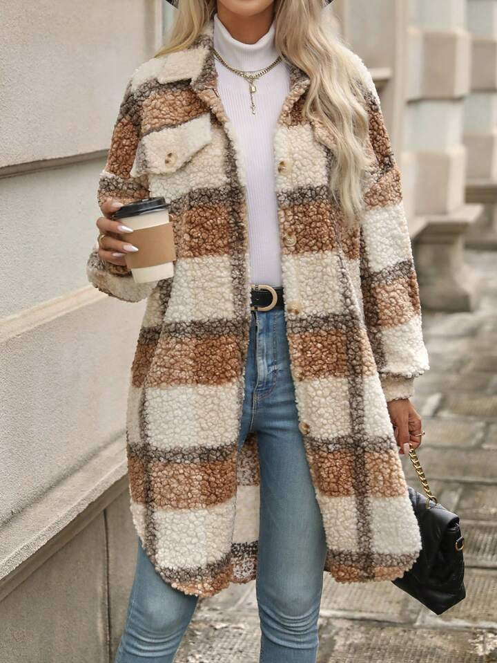 SHEIN Essnce Plaid Pattern Drop Shoulder Flap Detail Teddy Coat | SHEIN
