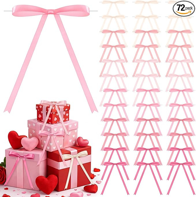 72 Pcs Valentine's Day Pink Bows for Gift Wrapping, 5 x 7 Inch Satin Ribbon Twist Tie Bows, Craft... | Amazon (US)