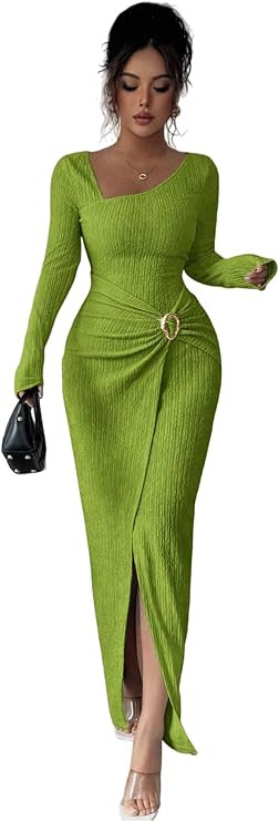 Women's Long Sleeve Maxi Bodycon Dresses Elegant Semi Formal Cocktail Knit Body Con Asymmetrical ... | Amazon (US)