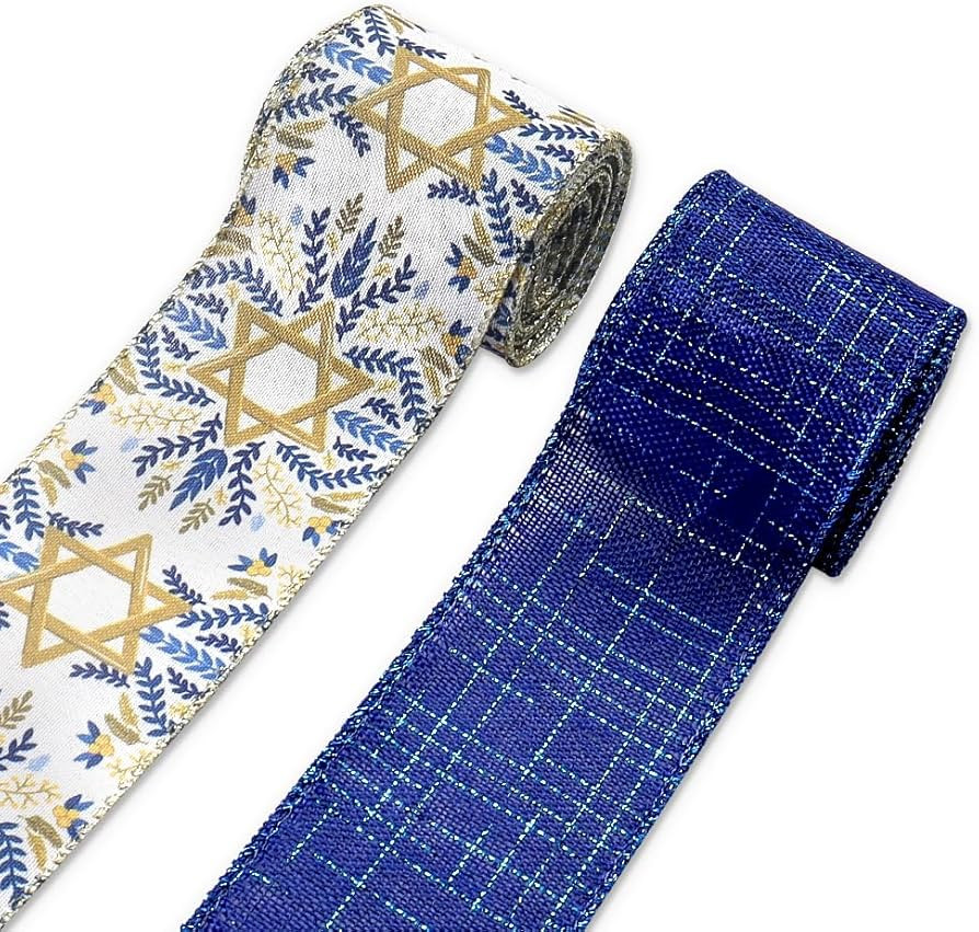 2 Rolls Happy Hanukkah Ribbons for Crafting, 2.5" Width Royal Blue Burlap Ribbon Chanukah Menorah... | Amazon (US)