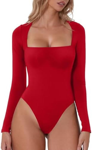 QINSEN Women's Sexy Square Neck Bodysuit Long Sleeve Double Lined Shirt Tops | Amazon (US)