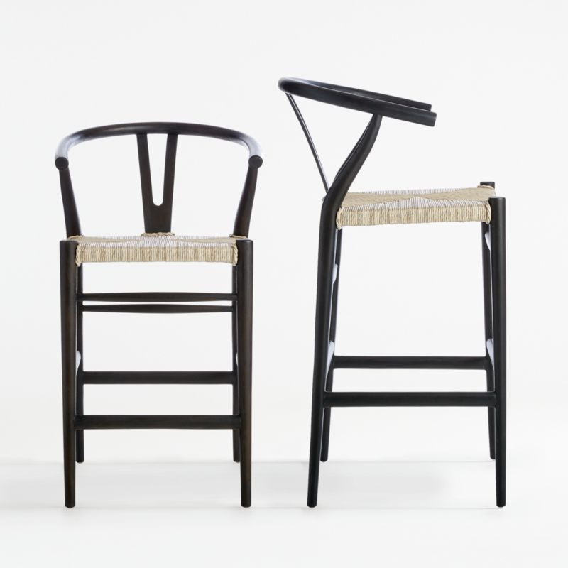 Crescent Black Rush Seat Bar Stools | Crate and Barrel | Crate & Barrel