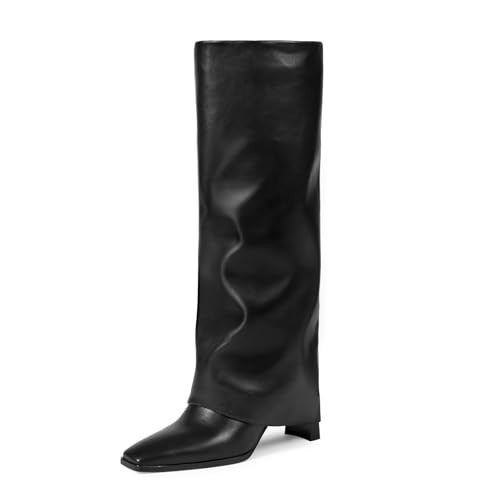 wetkiss Black Knee High Boots Women Fold Over Boots Square Toe Chunky Heel with Half Zipper Long Knee High Dress Tall Black Boot for Women Fashion Party Wedding Meeting Daily | Amazon (US)
