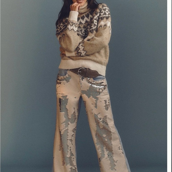 Pilcro by Anthropologie Beige and Silver Sequin Patterned Wide Leg Jeans | Poshmark