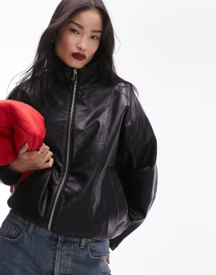 Topshop faux leather super wash 80s bomber jacket in black | ASOS (Global)