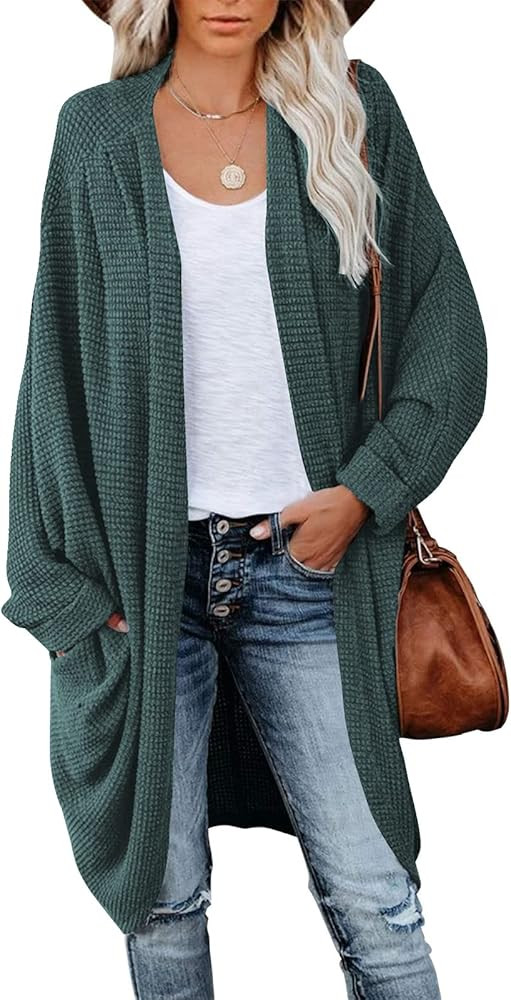 oten Women's Waffle Knitted Open Front Cardigan Loose Batwing Long Sleeve Sweater Chunky Oversized C | Amazon (US)