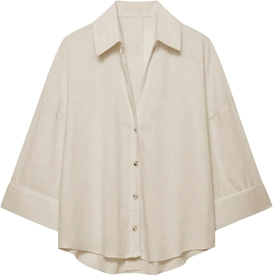 OYOANGLE Women's Button Up Curve Hem Dressy Blouse Elegant 3/4 Sleeve Shirt Casual Collar Tops | Amazon (US)