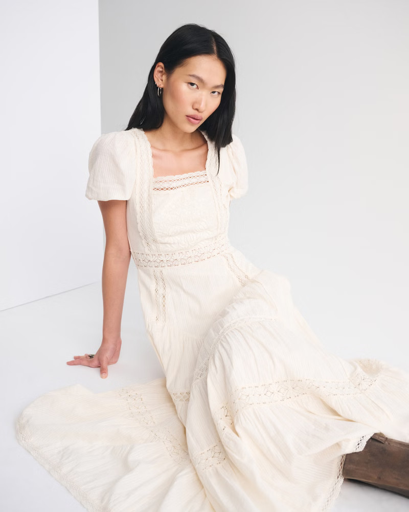 Women's Puff Sleeve Lace-Pieced Maxi Dress | Women's New Arrivals | Abercrombie.com | Abercrombie & Fitch (US)