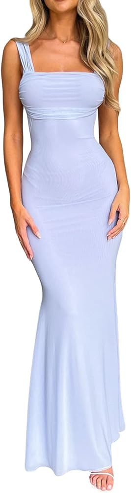 Yuemengxuan Maxi Dress for Women Floral Lace Edge Sexy Satin Dress Square Neck Strap Bodycon Dres... | Amazon (US)