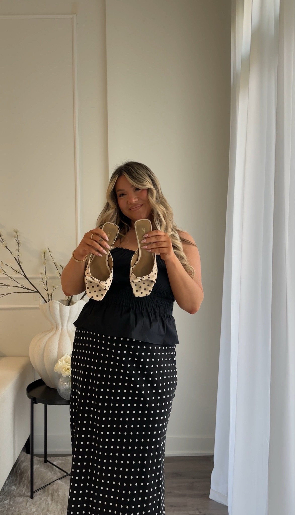 Polka dot heels, polka dot maxi skirt