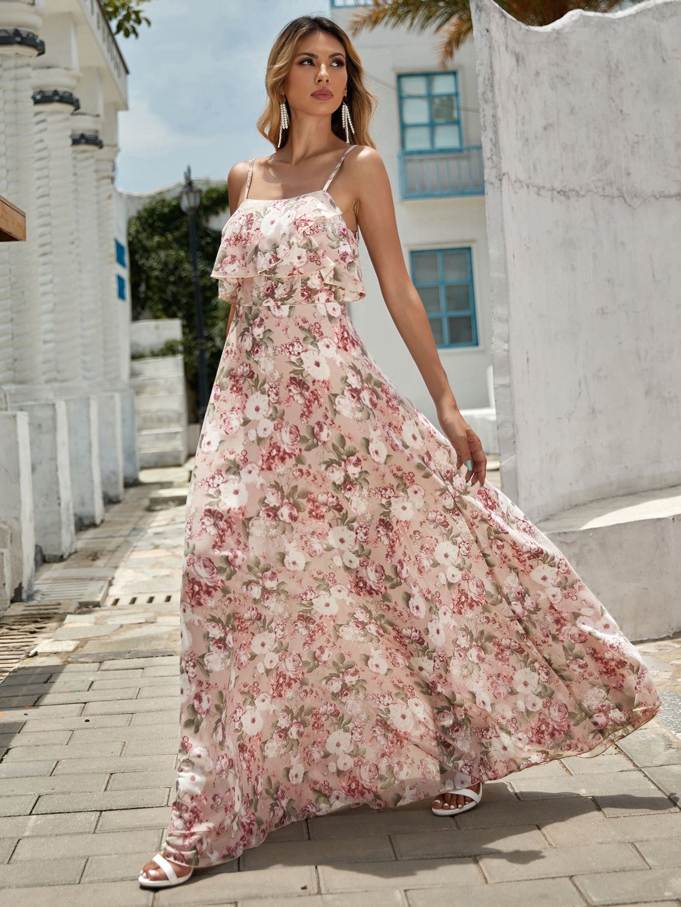 Allover Floral Print Ruffle Trim Maxi Cami Dress | SHEIN