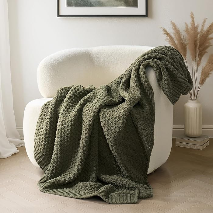Chunky Chenille Knit Throw Blanket for Couch, Soft Luxurious Moss Stitch Chair Blankets for Bed, ... | Amazon (US)