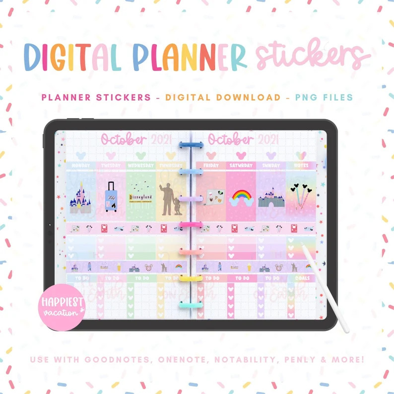 Disneyworld Digital Planner Stickers Bundle Happiest Vacation – Disneyland Disneyworld Planner ... | Etsy (US)